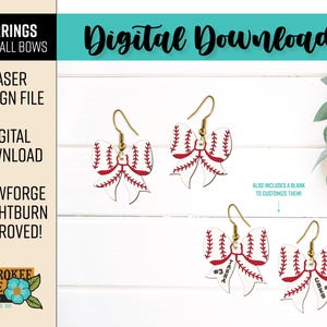 May include: A digital download design file for laser cutting earrings shaped like baseball bows. The design includes a blank template to customize with names and numbers. The earrings are white with red stitching and a red baseball seam.