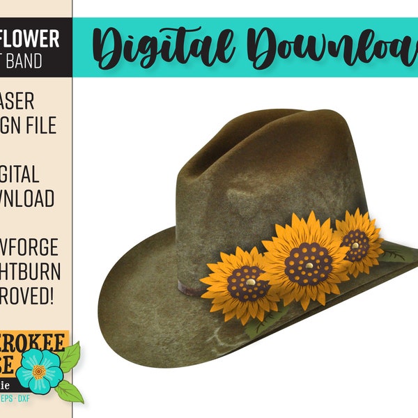 Sunflower Hat Band Design File- Adjustable Hat Band - No Sew Leather Pattern - Laser File - PDF - SVG [Digital File Only]