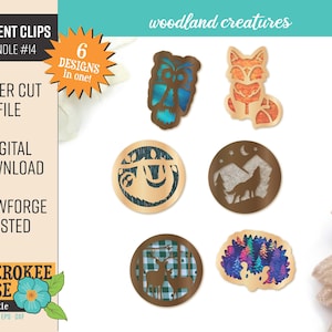 May include: A set of six woodland creature car vent clips. The designs include an owl, a fox, a sloth, a wolf, a deer, and a hedgehog. The designs are laser cut and come in a variety of colors.