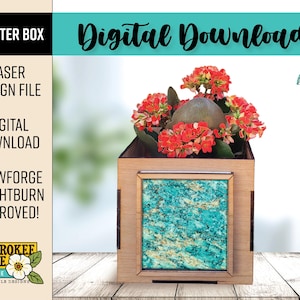 May include: A wooden planter box with a turquoise and gold patterned insert, filled with red flowers and a green stone. The image includes the text "PLANTER BOX", "Digital Download", and "Laser Design File".