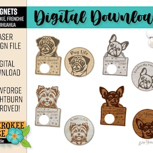 Lot d'aimants de race de chien - Chihuahua, Carlin, Yorkie et Frenchie - Comptoir d'ornements cassés - Fichier découpé au laser - PDF - SVG [fichier numérique uniquement]