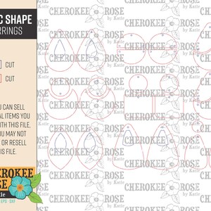 May include: A digital download of earring templates in various shapes, including teardrop, circle, and square. The design is outlined in red on a white background with a floral pattern. The text "Cherokee Rose by Katie" is included in the design.