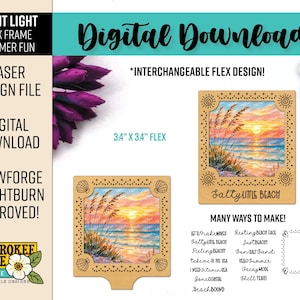 May include: Digital download laser design file for a night light flex frame. The design features a beach scene with the text "Salty Little Beach". The frame is 3.4" x 3.4" and includes the text "Summer Fun".