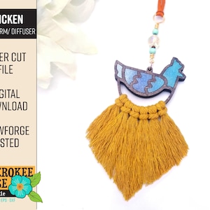 May include: Laser cut wooden chicken charm with a blue and purple stained glass design. The charm is attached to a gold cord with a tassel made of mustard yellow yarn.