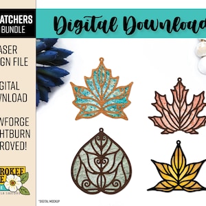 May include: A digital download image featuring laser-cut leaf designs for sun catchers. The image includes various leaf shapes in brown, teal, and yellow, with the text "Digital Download" and "Glowforge + Lightburn Approved!"