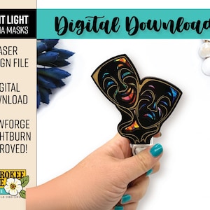 May include: A black night light featuring drama masks with colorful stained-glass style details. The night light is held by a hand with a turquoise painted fingernail. The text "Digital Download" is visible.