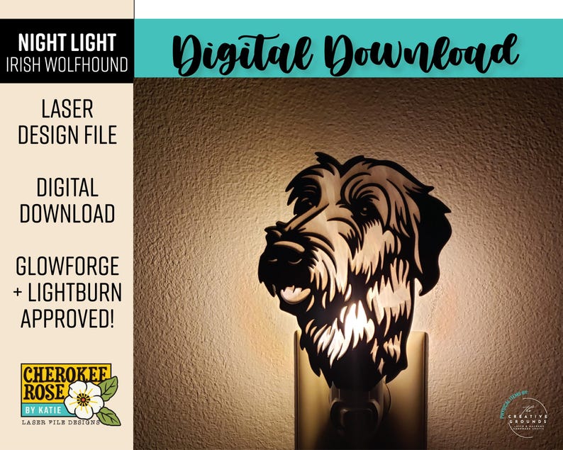 May include: A decorative night light featuring a laser-cut design of an Irish Wolfhound's head. The night light is black and mounted on a white electrical plug. The image includes the text "Digital Download".