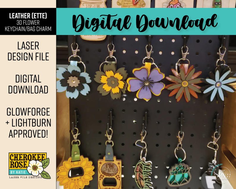 May include: A collection of multi-layered flower-shaped keychains and bag charms in various colours including blue, yellow, purple, and green. Each item features a metal lobster clasp and ring, displayed on a black pegboard with text overlays.