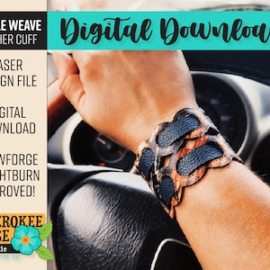 May include: A digital download design file for a leather cuff bracelet with a circle weave pattern. The design is approved for use with Glowforge and Lightburn laser cutters. The design is by Cherokee Rose.
