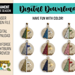 Puede incluir: Un archivo de dise&ntilde;o l&aacute;ser de descarga digital para un adorno redondo con un motivo de &aacute;rbol y estrella y el texto 'Tis the Season'. La imagen muestra nueve variaciones del adorno en diferentes combinaciones de colores, incluyendo verde, azul, rosa y oro.