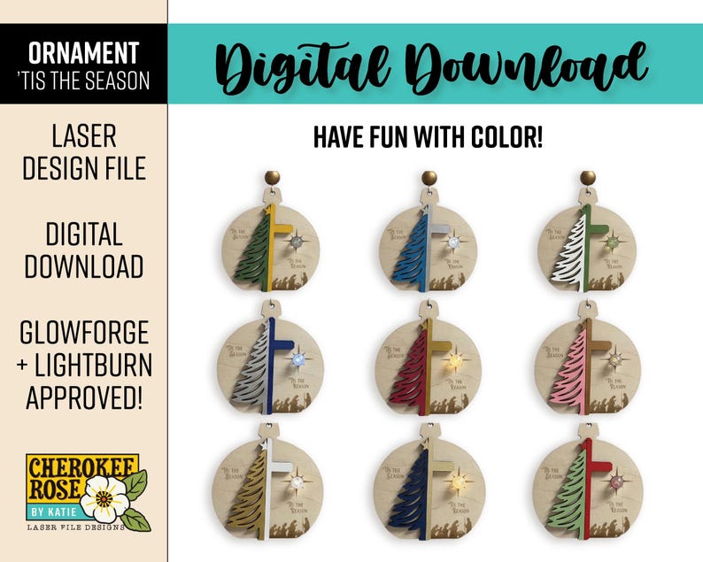Puede incluir: Un archivo de dise&ntilde;o l&aacute;ser de descarga digital para un adorno redondo con un motivo de &aacute;rbol y estrella y el texto 'Tis the Season'. La imagen muestra nueve variaciones del adorno en diferentes combinaciones de colores, incluyendo verde, azul, rosa y oro.