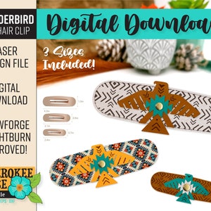 May include: Three sizes of a Thunderbird flat hair clip design file. The design features a stylised Thunderbird with geometric patterns in brown, teal, and yellow. The text "Digital Download" and "3 Sizes Included!" is also included in the image.