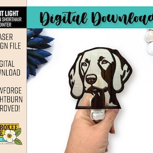 May include: A wooden night light featuring a German Shorthair Pointer design. The night light is held by a hand and has a plug-in base. The image also includes text that says "Digital Download" and "Laser Design File".
