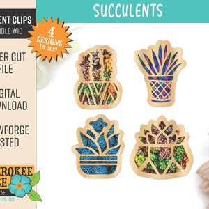 May include: Four laser cut designs of succulents in pots. The designs are for car vent clips and are available as a digital download. The designs are tested for Glowforge.