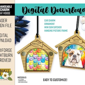 May include: Two wooden house-shaped hanging ornaments with black cords. One features a fish-shaped sign reading MEOW! above a colorful cat pattern. The other features a bone-shaped sign reading BILLY above a portrait of a white and brown bulldog.