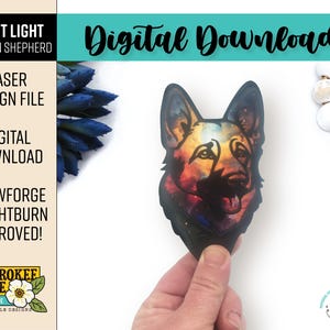 May include: A digital download file of a German Shepherd dog's head with a galaxy-like pattern. The text "Night Light German Shepherd" is in the top left corner of the image. The text "Digital Download" is in the top right corner of the image. The text "Laser Design File" is in the top left corner of the image. The text "Digital Download" is in the top left corner of the image. The text "Glowforge + Lightburn Approved!" is in the top left corner of the image. The text "Cherokee Rose by Katie Laser File Designs" is in the bottom left corner of the image.