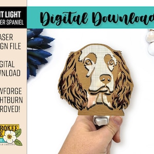 May include: A wooden night light featuring a Springer Spaniel design. The night light is a laser design file, a digital download, and is Glowforge and Lightburn approved. The text "Digital Download" is also present.