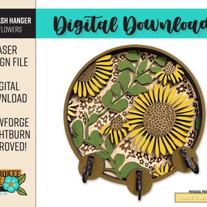 May include: A laser cut design file for a key/leash hanger featuring a sunflower and leopard print pattern. The design is approved for use with Glowforge and Lightburn software.  "Digital Download" and "Laser Design File" are written in the image.