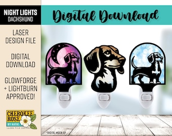 May include: Three digital download files for night lights featuring a dachshund silhouette. The designs include a purple and blue galaxy background, a solid black silhouette, and a blue and white bubble background.