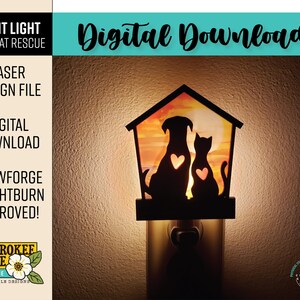 Puede incluir: Un archivo de dise&ntilde;o digital descargable para una luz nocturna con una silueta de un perro y un gato con corazones en un dise&ntilde;o en forma de casa. El dise&ntilde;o est&aacute; aprobado para Glowforge y Lightburn.