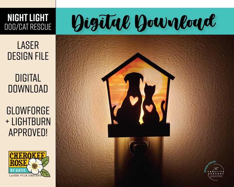 Puede incluir: Un archivo de dise&ntilde;o digital descargable para una luz nocturna con una silueta de un perro y un gato con corazones en un dise&ntilde;o en forma de casa. El dise&ntilde;o est&aacute; aprobado para Glowforge y Lightburn.