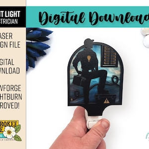 May include: A black night light featuring an electrician silhouette with a lightbulb. The design includes a toolbox and electrical panel. The text "Digital Download" and "Night Light Electrician" are visible. The design is approved for Glowforge and Lightburn.