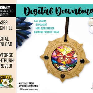 May include: Wooden car charm with a compass design, featuring a stained-glass butterfly. The charm includes the text "Not all who wander are lost, but we sure are." The image also includes the text "Digital Download".