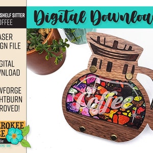 May include: A wooden coffee pot shelf sitter with a stained glass design and the word "Coffee" in the center. The shelf sitter is designed to be lit up with a light source.