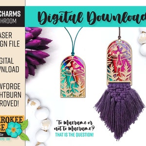 Puede incluir: Un archivo de diseño digital descargable para un amuleto de coche con forma de hongo. El amuleto es un diseño cortado por láser con un efecto acuarela colorido. El diseño está aprobado para su uso con Glowforge y Lightburn.