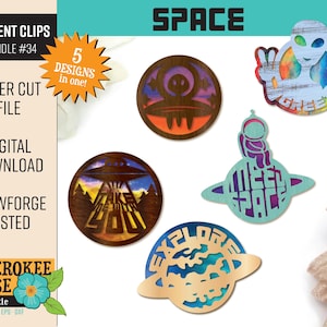 May include: Five laser cut designs for car vent clips with a space theme. The designs include a UFO, a planet, an astronaut, a spaceship, and a greeting from an alien. The designs are all in different colors and styles.