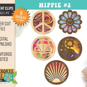 May include: A set of five laser cut car vent clips with a hippie theme. The designs include a peace sign, a smiley face flower, a VW bug, a yin yang symbol, and a sunburst. The designs are all in bright colors and have a retro feel.
