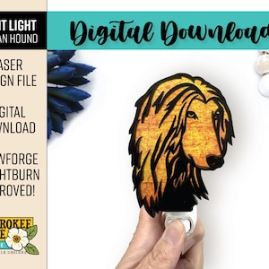 May include: A wooden night light featuring an Afghan Hound design. The light has a detailed laser-cut design with a golden and black color scheme. The text "Digital Download" is visible, along with the words "Night Light Afghan Hound".