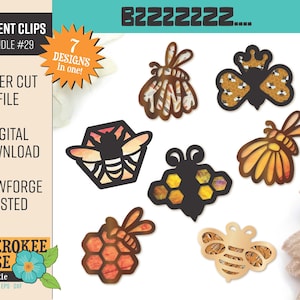May include: A set of seven digital cut files featuring bee designs. The designs include bees with honeycomb patterns, bees with wings, and bees with crowns. The designs are perfect for creating car vent clips, home decor, or other crafts.