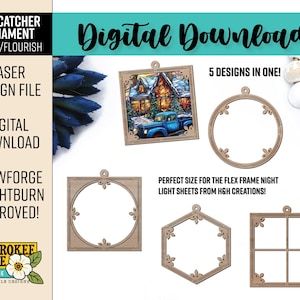 May include: A digital download featuring laser design files for sun catcher ornaments. The image showcases five different wooden ornament designs, including a square, circle, and hexagon shape. The text reads "Digital Download" and "Glowforge + Lightburn Approved!"