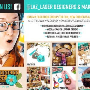 May include: A promotional image featuring a woman wearing glasses and a necklace, with text promoting laser design files and various products. Products include leather items, shelf sitters, magnets, car diffusers, bottle openers, and hair clips.