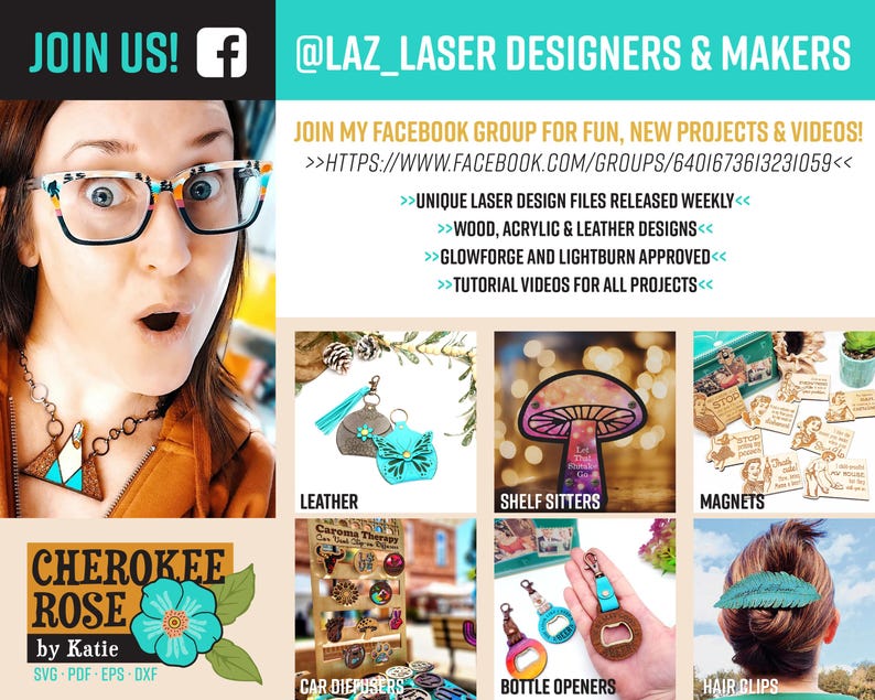 May include: A promotional image featuring a woman wearing glasses and a necklace, with text promoting laser design files and various products. Products include leather items, shelf sitters, magnets, car diffusers, bottle openers, and hair clips.