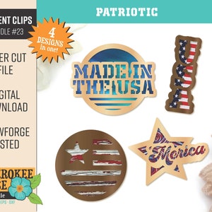 May include: Four laser cut designs for car vent clips with patriotic themes. The designs include "Made in the USA", a star with "Merica" inside, a red, white, and blue striped design, and a vertical design with "USA" in red, white, and blue.
