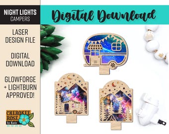 May include: Three digital laser cut designs for night lights featuring a camper, a cabin in the woods, and a camper in the woods. Each design features a galaxy background with stars and a crescent moon. The designs are labeled "Night Lights Campers" and "Digital Download".
