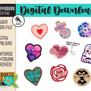 May include: A digital download of Valentine's Day themed car diffuser designs. The designs include hearts, flowers, skulls, and a dog paw print. The designs are in various colors, including pink, red, purple, and blue.