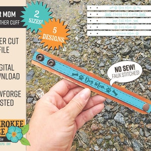 May include: A turquoise blue leather cuff bracelet with the text "Dog Mom" and paw prints. The bracelet is 1 inch wide and comes in two sizes. It is laser cut and comes with five different designs. The bracelet is made with faux stitches and does not require sewing.