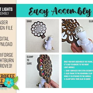 May include: Digital download laser design file for night lights. The image shows the assembly process, including sanding, gluing, and clamping. The design features a floral pattern. Text includes "Easy Assembly" and "Cherokee Rose by Katie."