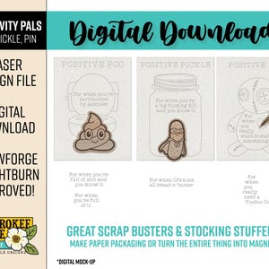 Könnte beinhalten: Digitaler Download mit drei Designs: Positive Poo, Positive Pickle und Positive Pin. Jedes Design enthält ein humorvolles Zitat und eine passende Grafik. Geeignet für Laserschneiden und Bastelprojekte.