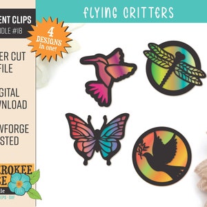 May include: A bundle of laser-cut car vent clips featuring four designs: a hummingbird, a dragonfly, a butterfly, and a dove. Each design has a colorful gradient background. The text "FLYING CRITTERS" and "4 DESIGNS in one!" are also visible.