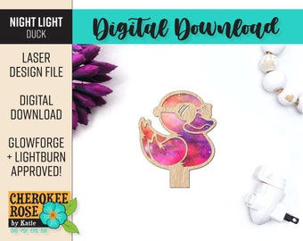 May include: A laser cut night light design file of a pink and purple galaxy duck wearing sunglasses. The design is labeled "Night Light Duck" and "Glowforge + Lightburn Approved!"