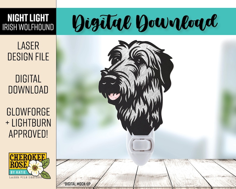 May include: A black and white Irish Wolfhound night light with the text "Digital Download". The night light features a laser-cut design of a dog's head and is Glowforge and Lightburn approved.