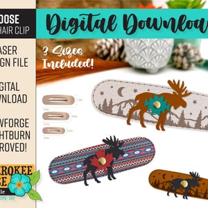 May include: Digital download design file for a moose flat hair clip. The design features a moose with a mountain scene in three sizes: 4.3 inches, 3.5 inches, and 2.4 inches. The design is approved for Glowforge and Lightburn.