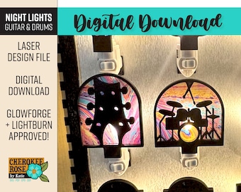 May include: Two night light designs featuring a guitar and a drum set. The designs are laser cut and have a colorful background. The text "Night Lights Guitar & Drums" is at the top of the image. The text "Digital Download" is in the top right corner of the image. The text "Glowforge + Lightburn Approved!" is in the bottom left corner of the image.