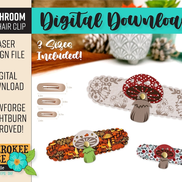 Mushroom Flat Hair Clip Design - Cottage Core Barrette - 3 Sizes - Shroom Hair Clip svg - Digital Laser File - PDF - SVG [Digital File Only]