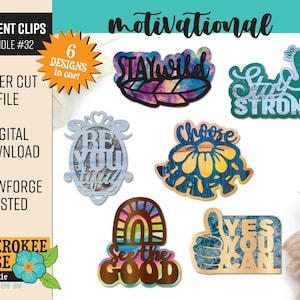 May include: A set of six motivational car vent clips with laser cut designs. The designs include "Stay Wild", "Be Youtiful", "Choose Joy", "See the Good", "Yes You Can", and "Stay Strong".