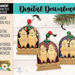 May include: Wooden Christmas ornaments with a laser-cut design featuring an elderly couple. Each ornament has a unique background, including a plaid pattern and a starry night scene. The text "Growing Old Together" is displayed on each base.
